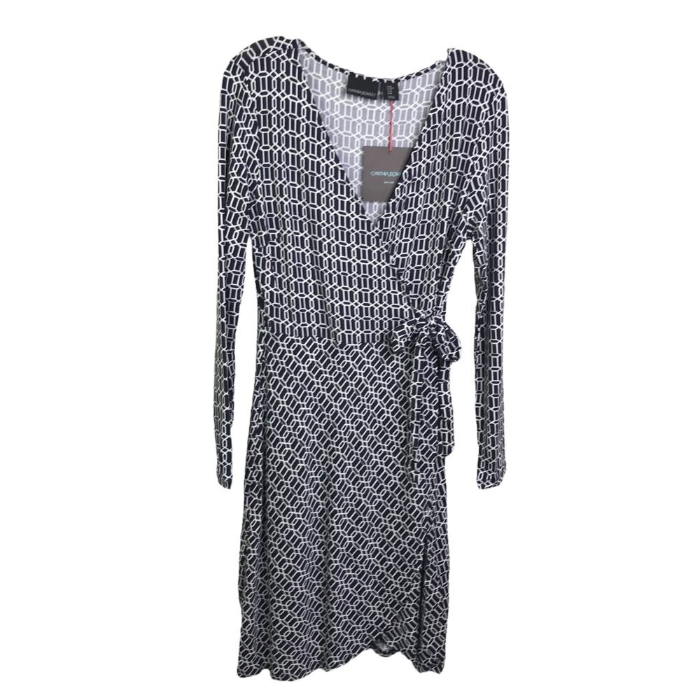 Cynthia Rowley Wrap Dress Womens M Preppy Navy White Geo Long Sleeve V-Neck NWT